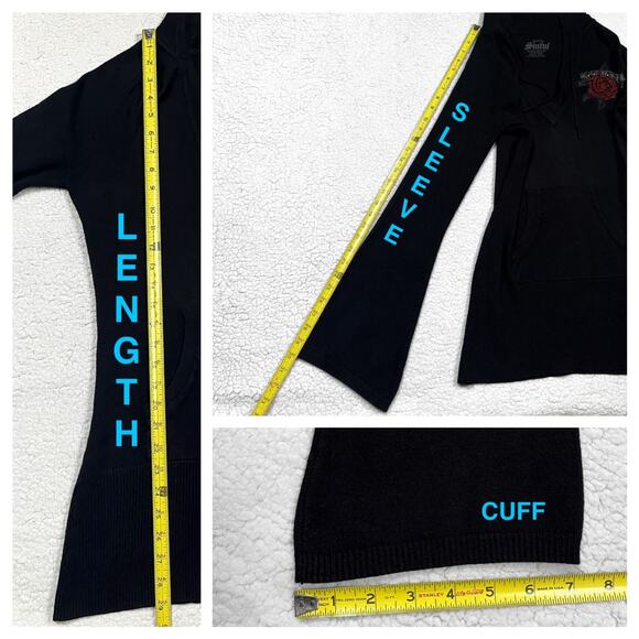 Y2K Sinful Rhinestone Black Ribbed Hooded Sweater Dress Goth Skull Roses Medium - Picture 13 of 16